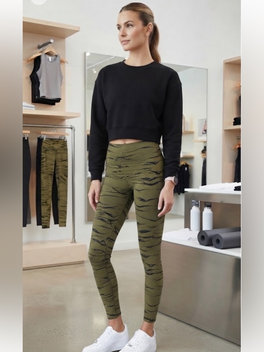 NEW Beyond Yoga High Waisted Midi Legging Olive Wood Jacquard LARGE